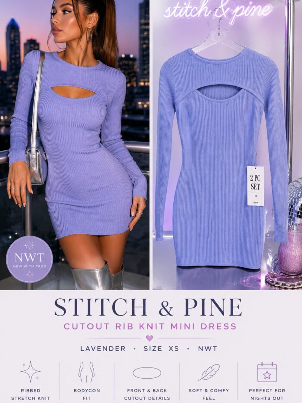 Stitch & Pine Rib Knit Cutout Bodycon Mini Dress Lavender XS